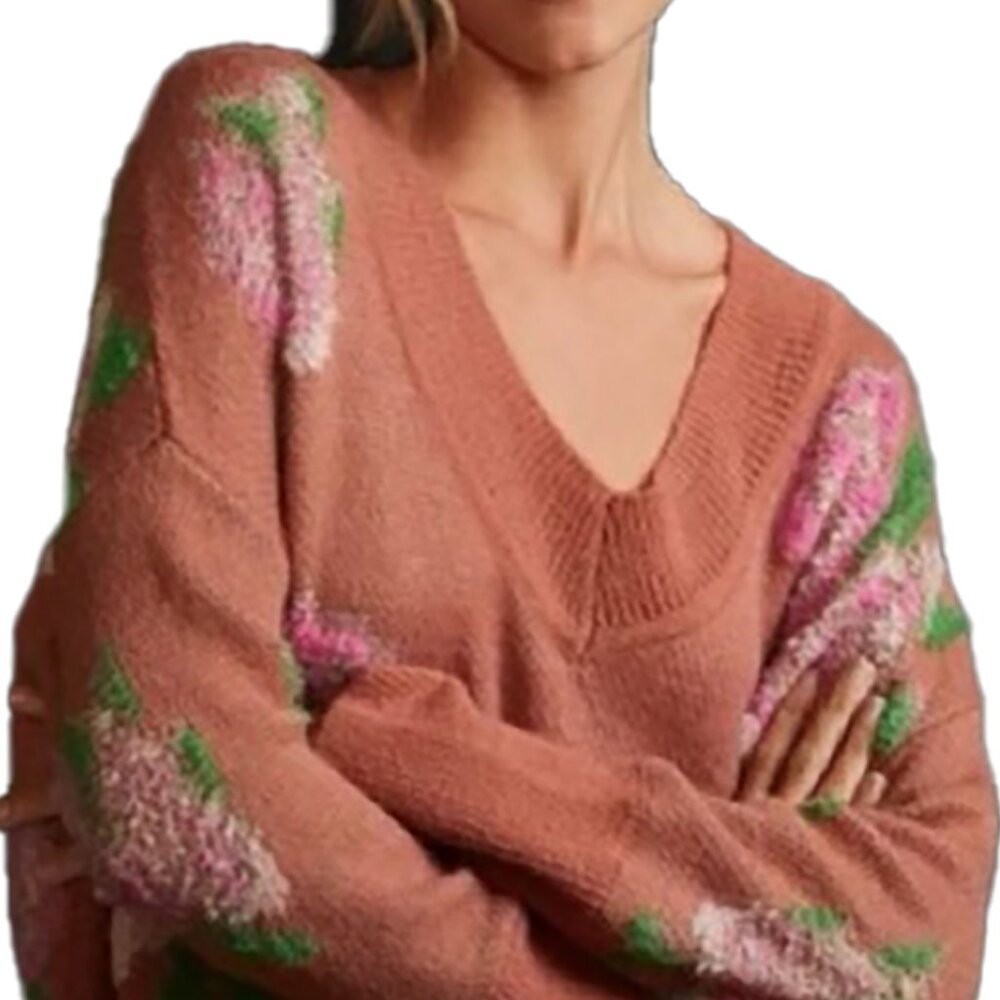 Anthropologie Drop Shoulder Floral V Neck Sweater Distress Hem Knit Pink Boho M